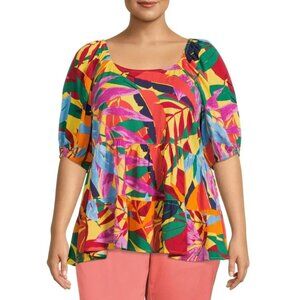 Terra & Sky Size 2X Multi-Color Leaves Puff Sleeve Square Neck Babydoll Top